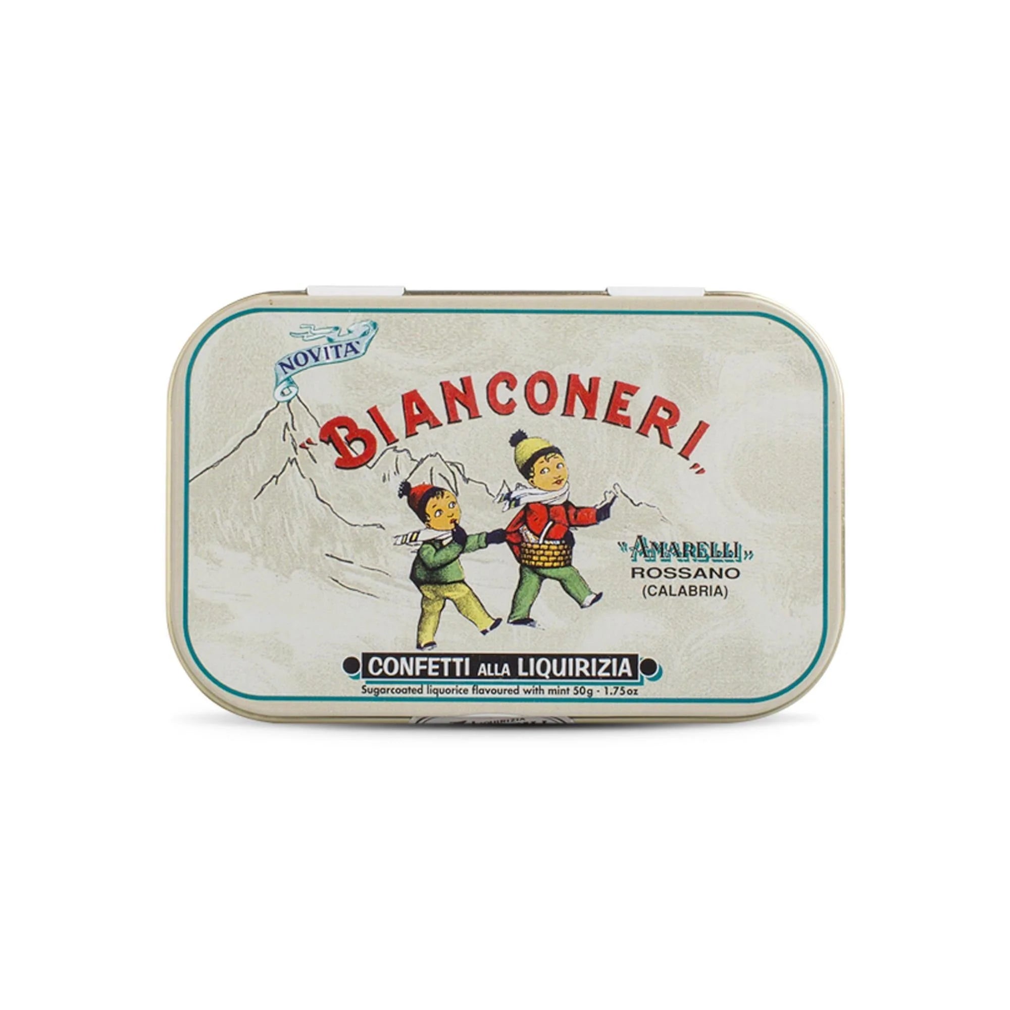 Amarelli Bianconeri 50g Tin - Mint & Vanilla Flavoured Sugar Coated Liquorice
